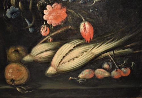 Antiquités - Nature Morte de fleurs et de fruits dans un jardin